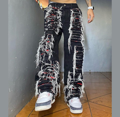 Zerfetzte schwarze Jeans mit weißen Garndetails – Distressed Streetwear für Männer