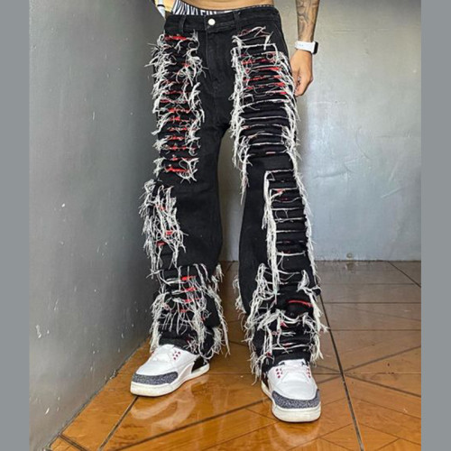 Shredded Black Denim Jeans with White Yarn Detailing - Distressed Streetwear for Men