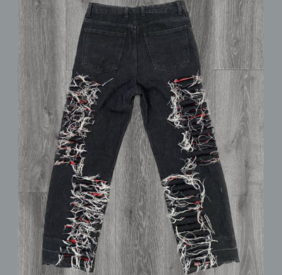 Shredded Black Denim Jeans with White Yarn Detailing - Distressed Streetwear for Men