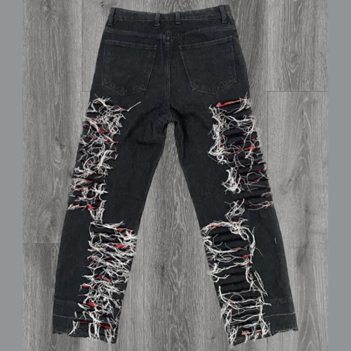 Shredded Black Denim Jeans with White Yarn Detailing - Distressed Streetwear for Men