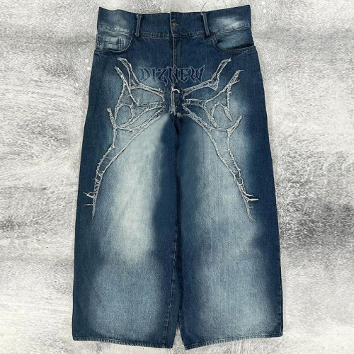 DiZNEW Men's Gothic Embroidered Baggy Denim Jeans with Spider Web Design