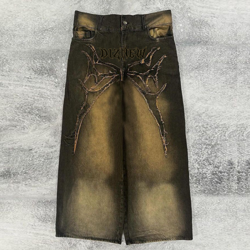 Custom Men's Gothic Embroidered Baggy Denim Jeans with Spider Web Design