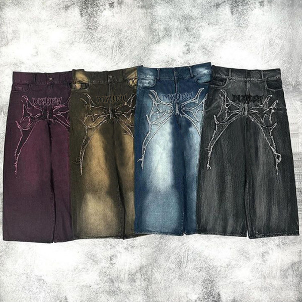 Custom Men's Gothic Embroidered Baggy Denim Jeans with Spider Web Design