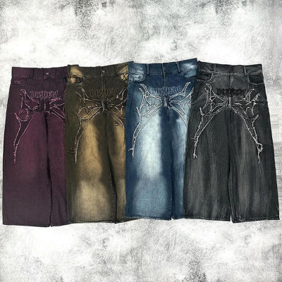 Men's Gothic Embroidered Baggy Denim Jeans with Spider Web Design