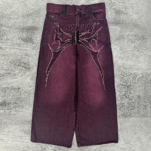 Custom Men's Gothic Embroidered Baggy Denim Jeans with Spider Web Design