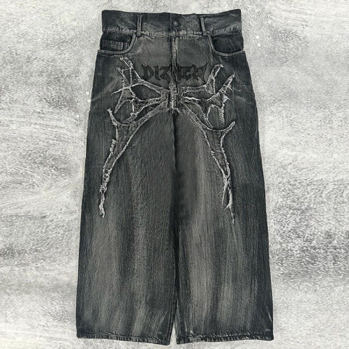 Men's Gothic Embroidered Baggy Denim Jeans with Spider Web Design