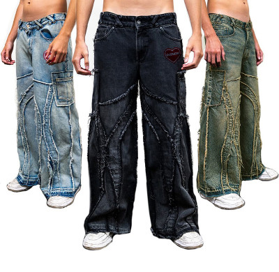 Unisex Retro Patchwork High-Waisted Jeans - Distressed Streetwear Denim for Men and Women