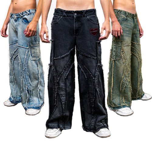 Unisex Retro Patchwork High-Waisted Jeans - Distressed Streetwear Denim for Men and Women