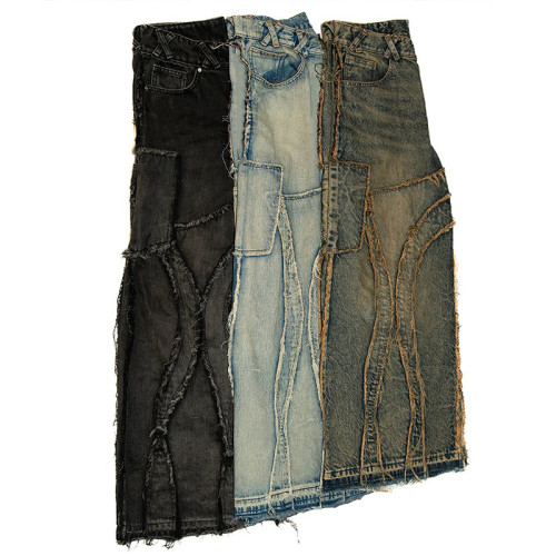 Unisex Retro Patchwork High-Waisted Jeans - Distressed Streetwear Denim for Men and Women