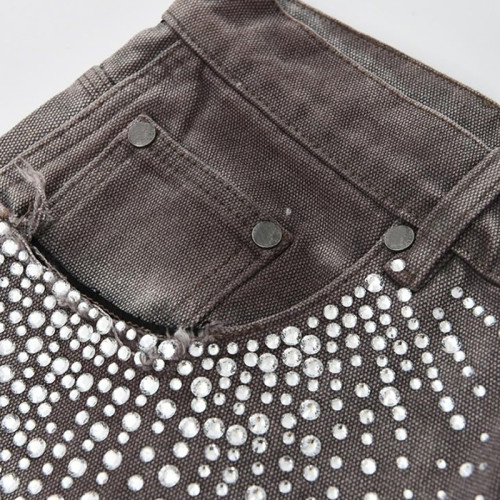 Pantalones cortos de mezclilla Carpenter para hombre de DiZNEW: lona negra con diamantes de imitación, estilo utilitario desgastado