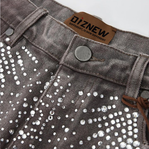 Pantalones cortos de mezclilla Carpenter para hombre de DiZNEW: lona negra con diamantes de imitación, estilo utilitario desgastado