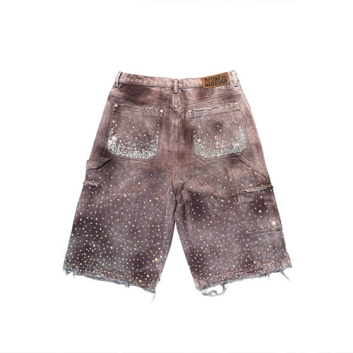 Short en jean pour homme DiZNEW Carpenter – Toile noire à strass, style utilitaire vieilli