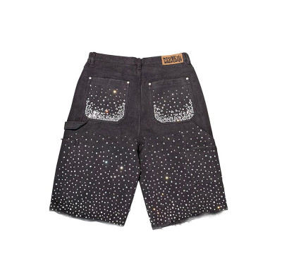 Crystal-Embellished Canvas Denim Shorts with Rhinestone Gradient Design