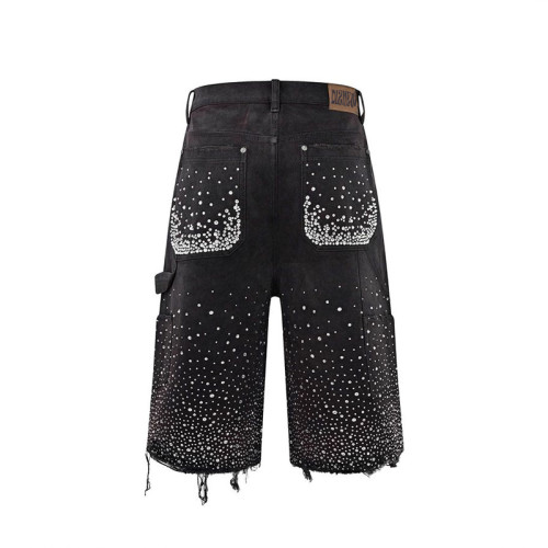 Crystal-Embellished Canvas Denim Shorts with Rhinestone Gradient Design