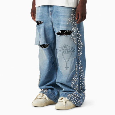 Custom Men's Baggy Ripped Jeans with Silver Studs and Embroidered Design