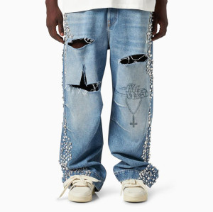 DiZNEW Men's Baggy Ripped Jeans with Silver Studs and Embroidered Design