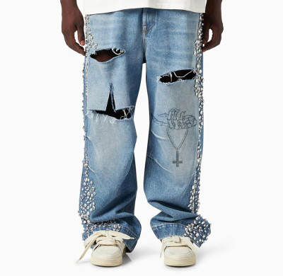 Custom Men's Baggy Ripped Jeans with Silver Studs and Embroidered Design