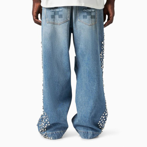 DiZNEW Men's Baggy Ripped Jeans with Silver Studs and Embroidered Design