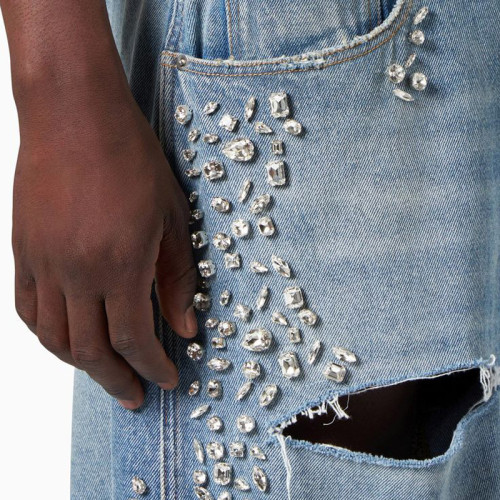 Custom Men's Baggy Ripped Jeans with Silver Studs and Embroidered Design