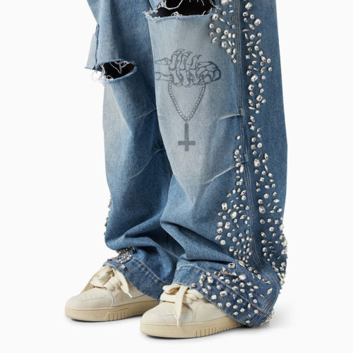 DiZNEW Men's Baggy Ripped Jeans with Silver Studs and Embroidered Design