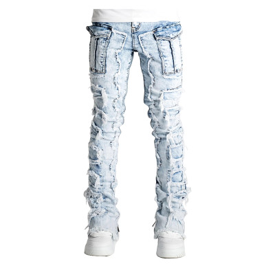 DiZNEW Men's Distressed Skinny Denim Jeans with Patchwork and Zipper Detailing