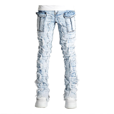 Men's Distressed Skinny Denim Jeans with Patchwork and Zipper Detailing