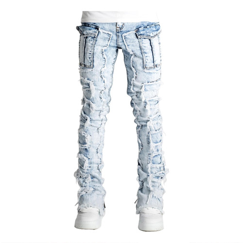 DiZNEW Men's Distressed Skinny Denim Jeans with Patchwork and Zipper Detailing