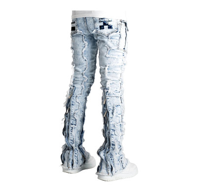 Men's Distressed Skinny Denim Jeans with Patchwork and Zipper Detailing