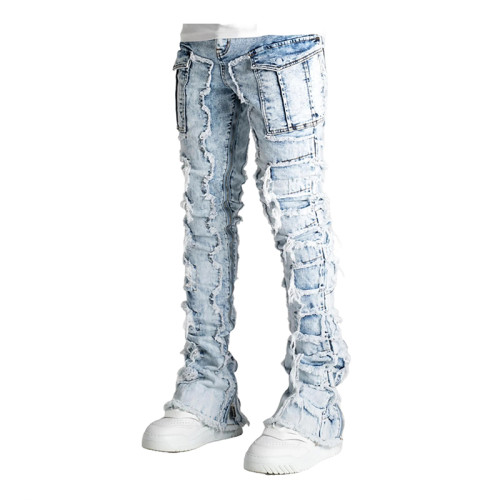 DiZNEW Men's Distressed Skinny Denim Jeans with Patchwork and Zipper Detailing