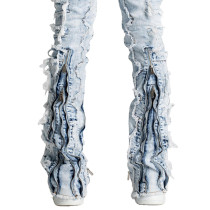 Men's Distressed Skinny Denim Jeans with Patchwork and Zipper Detailing