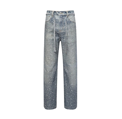 Wholesale Loose Fit Rhinestone Embellished Jeans with Vintage Splatter Design