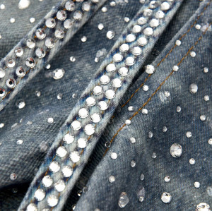Wholesale Loose Fit Rhinestone Embellished Jeans with Vintage Splatter Design