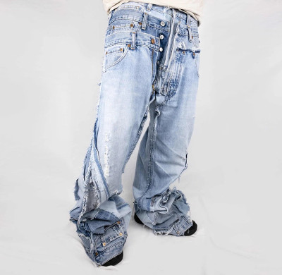 DiZNEW Custom Vintage Patchwork Wide-Leg Jeans with Distressed Detailing