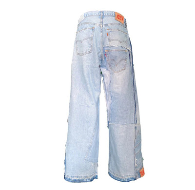 Custom Vintage Patchwork Wide-Leg Jeans with Distressed Detailing DiZNEW