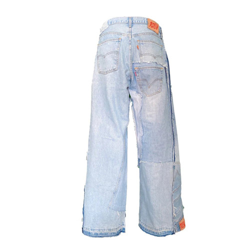 Custom Vintage Patchwork Wide-Leg Jeans with Distressed Detailing DiZNEW