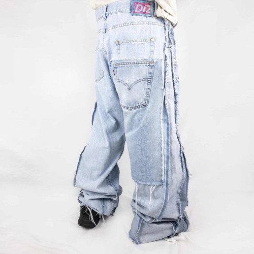 DiZNEW Custom Vintage Patchwork Wide-Leg Jeans with Distressed Detailing