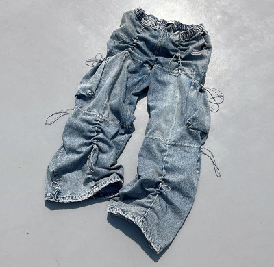 Adjustable Drawstring Denim Cargo Pants - Loose Fit Streetwear Trousers