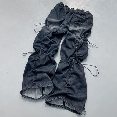 Pantalon cargo en denim à cordon réglable DiZNEW - Pantalon streetwear coupe ample