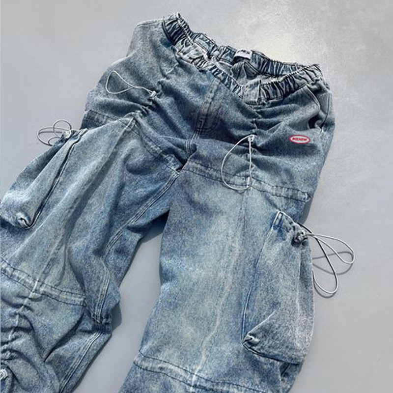 Denim-Cargohose mit Kordelzug