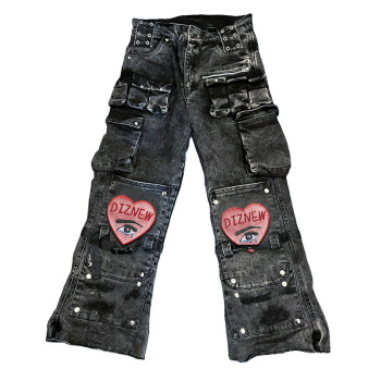 Custom Men's Utility Cargo Jeans with Patchwork Heart Design and Multiple Pockets