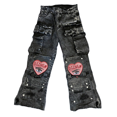 Custom Men's Utility Cargo Jeans with Patchwork Heart Design and Multiple Pockets