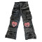 Custom Men's Utility Cargo Jeans with Patchwork Heart Design and Multiple Pockets