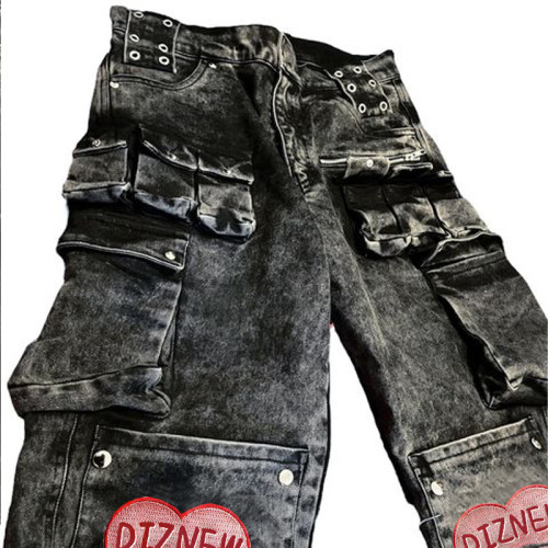 Men's Utility Cargo Jeans with Patchwork Heart Design and Multiple Pockets