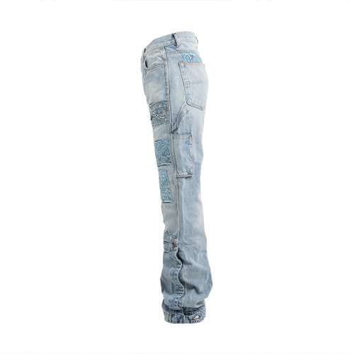 Men's Distressed Denim Carpenter Pants with Patchwork Design – Trendy Streetwear