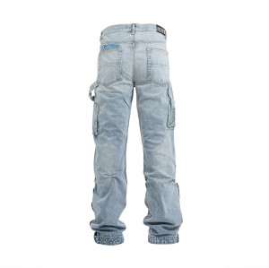 DiZNEW Men's Distressed Denim Carpenter Pants with Patchwork Design – Trendy Streetwear