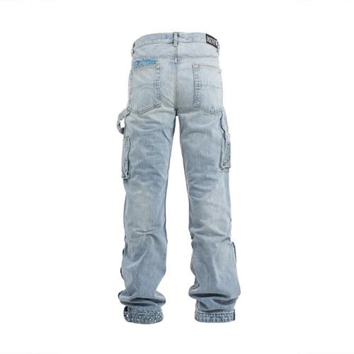 Men's Distressed Denim Carpenter Pants with Patchwork Design – Trendy Streetwear