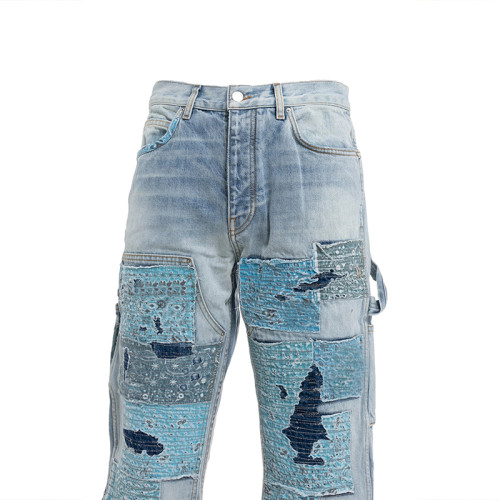 Men's Distressed Denim Carpenter Pants with Patchwork Design – Trendy Streetwear