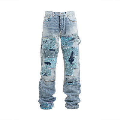 Pantalon de charpentier en denim vieilli pour homme DiZNEW avec motif patchwork – streetwear tendance