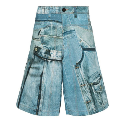 DiZNEW Men’s Denim Patchwork Printed Cargo Shorts with Graphic Details