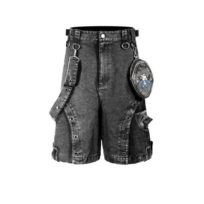 Multi-Pocket Black Denim Shorts